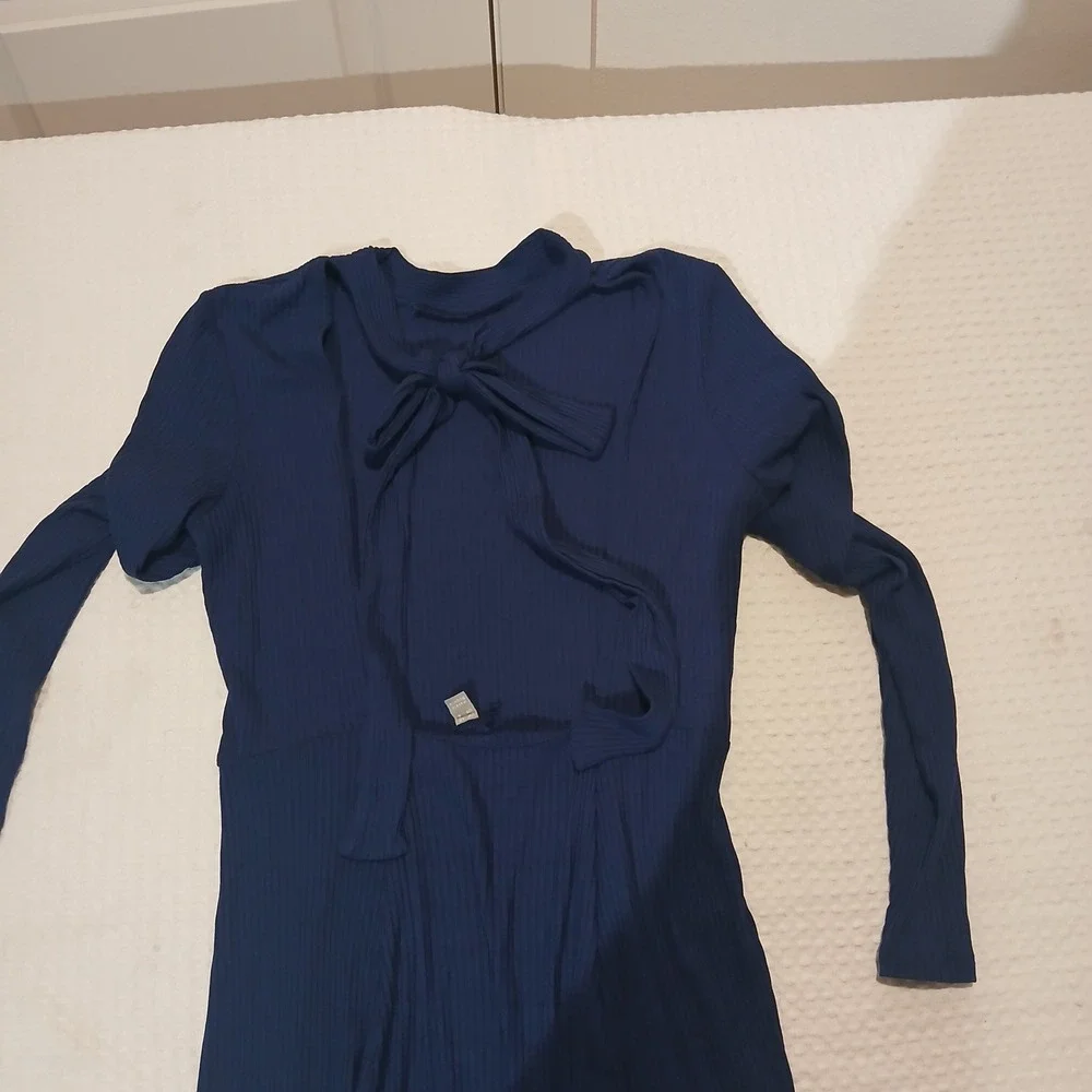 ASOS Navy Blue Ribbed Open Back Tie Maxi Dress Mock Neck Long Sleeve US 6